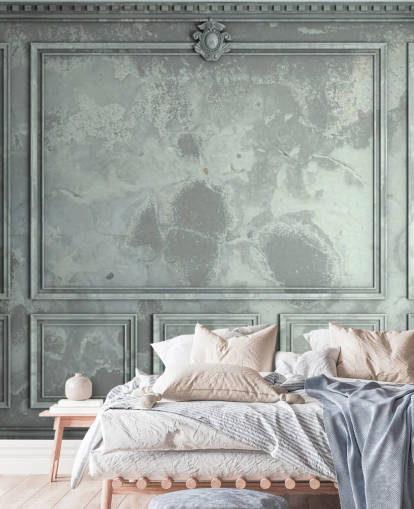 papier peint mural vintage aux tons bleus, verts et argentés