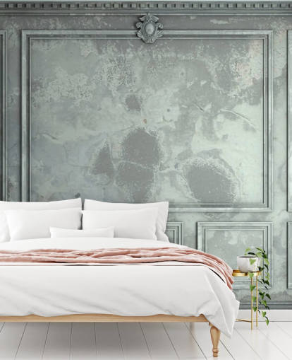 papel pintado de pared con paneles vintage en tonos azules, verdes y plateados