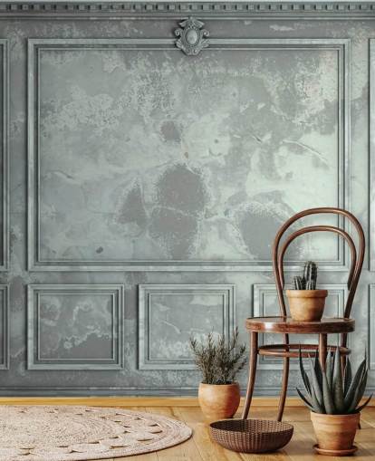 papel pintado de pared con paneles vintage en tonos azules, verdes y plateados