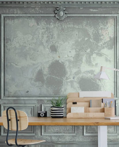 papel pintado de pared con paneles vintage en tonos azules, verdes y plateados