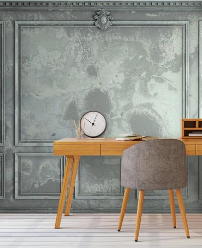 papier peint mural vintage aux tons bleus, verts et argentés