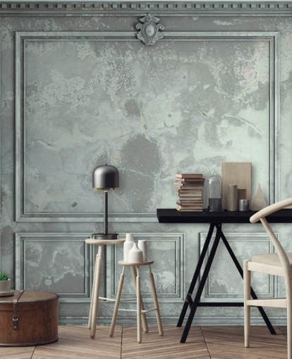 blue, green, silver toned vintage panel walls wallpaper