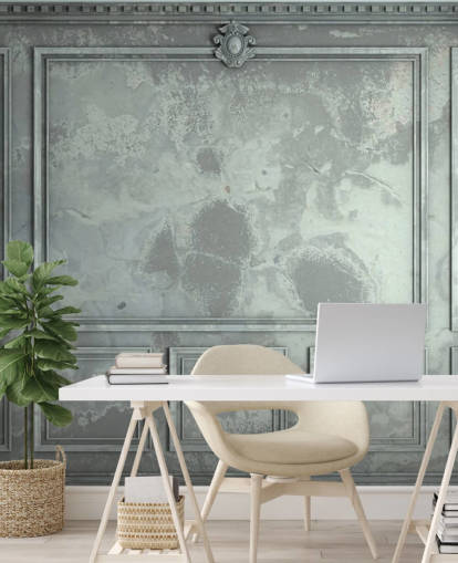 papier peint mural vintage aux tons bleus, verts et argentés