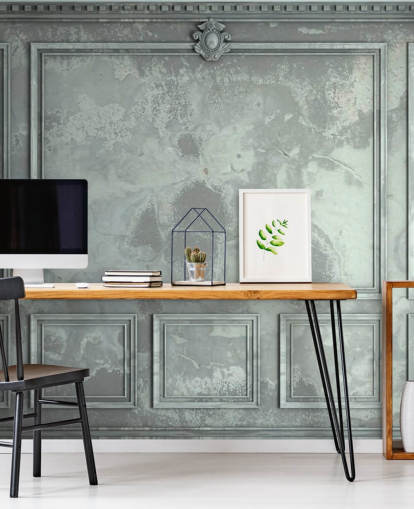 blauw, groen, zilverkleurig vintage paneelmuurbehang