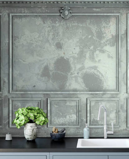blue, green, silver toned vintage panel walls wallpaper