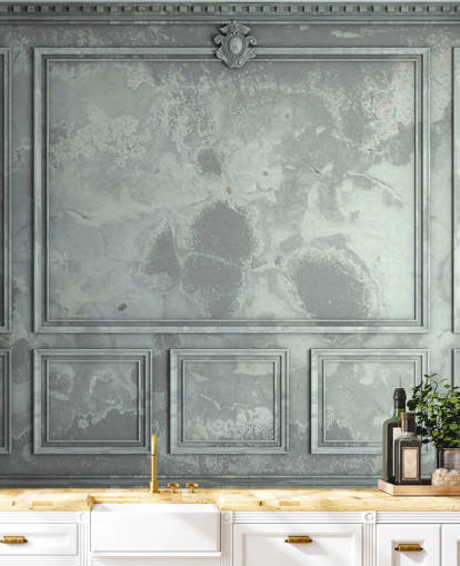 papel pintado de pared con paneles vintage en tonos azules, verdes y plateados