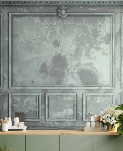 papel de parede de paredes de painel vintage em tons de azul, verde e prata