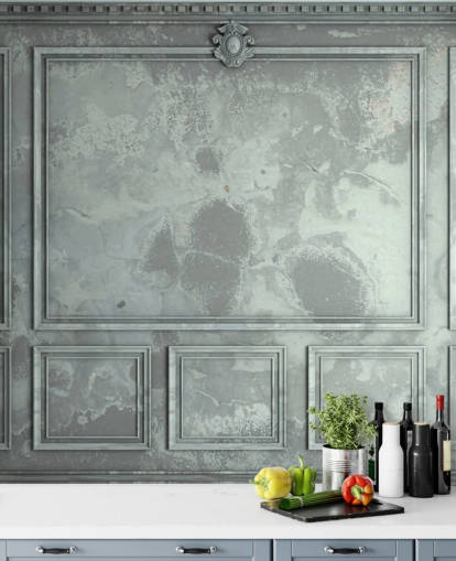 papel pintado de pared con paneles vintage en tonos azules, verdes y plateados