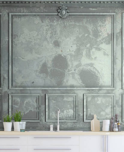 blue, green, silver toned vintage panel walls wallpaper
