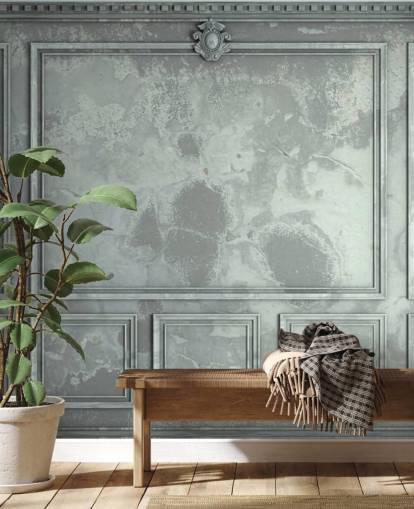 papel pintado de pared con paneles vintage en tonos azules, verdes y plateados