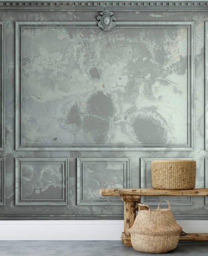 blauw, groen, zilverkleurig vintage paneelmuurbehang