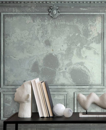 blue, green, silver toned vintage panel walls wallpaper