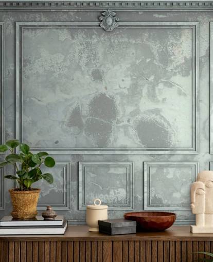 papel pintado de pared con paneles vintage en tonos azules, verdes y plateados