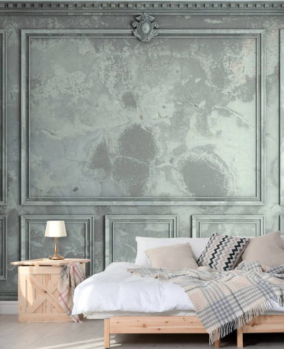 papel de parede de paredes de painel vintage em tons de azul, verde e prata