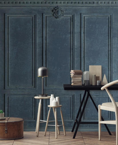 dark blue navy wood panelling wallpaper