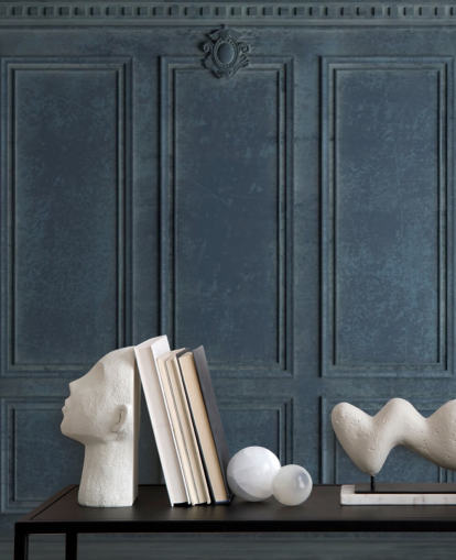 papier peint lambrissé bleu foncé