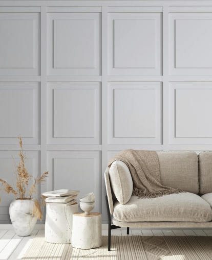 papel de parede de painel de madeira em tons brancos