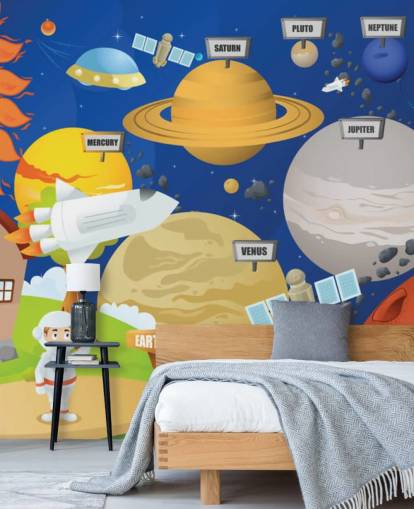 mural de pared personalizable del sistema solar para niños llamado Astronaut and Planet System para escuelas y dormitorios de niños