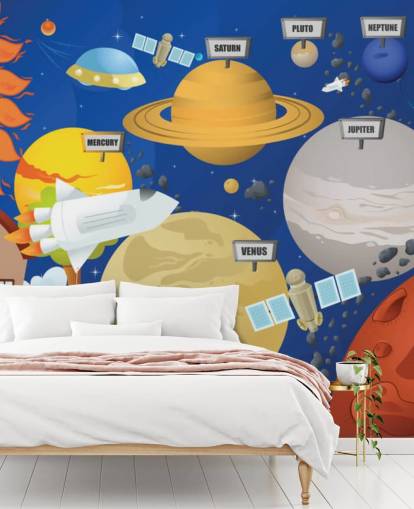 mural de pared personalizable del sistema solar para niños llamado Astronaut and Planet System para escuelas y dormitorios de niños