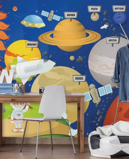 murale personalizzabile con sistema solare per bambini chiamato Astronaut and Planet System per scuole e camerette per bambini