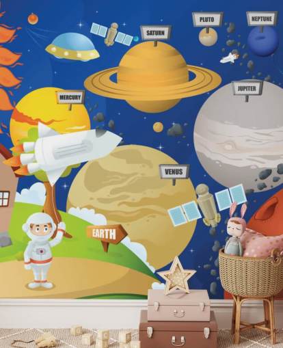 murale personalizzabile con sistema solare per bambini chiamato Astronaut and Planet System per scuole e camerette per bambini