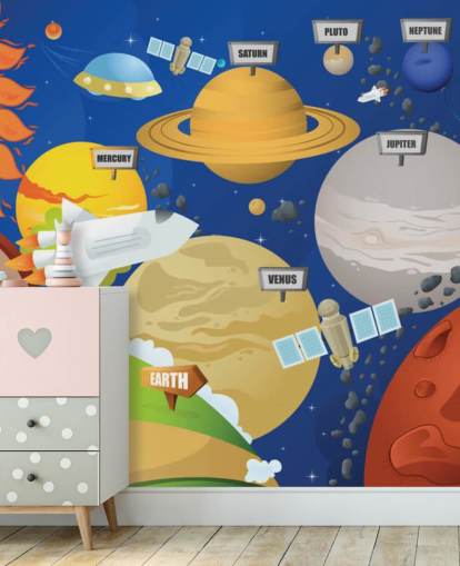 mural de parede personalizável do sistema solar infantil chamado Astronaut and Planet System para escolas e quartos infantis