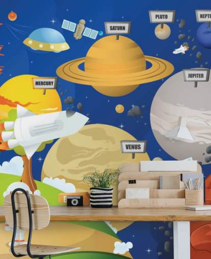 aanpasbare muurschildering van het zonnestelsel voor kinderen genaamd Astronaut and Planet System voor scholen en kinderkamers