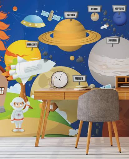 customizable kids solar system wall mural called Astronaut and Planet System for schools and kids bedrooms