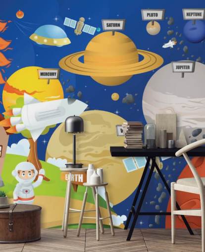 mural de parede personalizável do sistema solar infantil chamado Astronaut and Planet System para escolas e quartos infantis mural de parede personalizável do sistema solar infantil chamado Astronaut and Planet System para escolas e quartos infantis