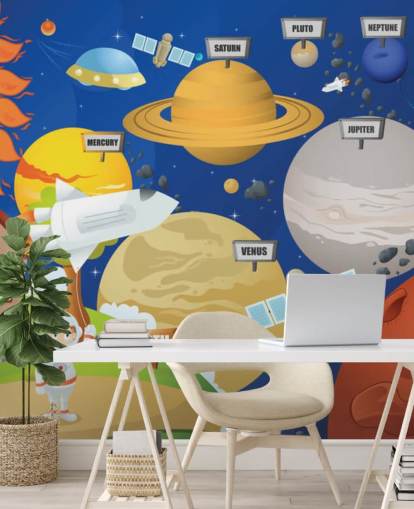 customizable kids solar system wall mural called Astronaut and Planet System for schools and kids bedrooms