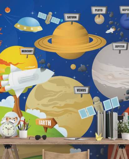 customizable kids solar system wall mural called Astronaut and Planet System for schools and kids bedrooms