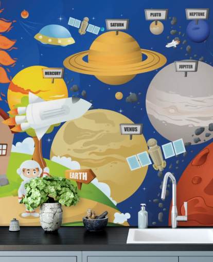 customisable kids solar system wall mural called Astronaut and Planet System for schools and kids bedrooms
