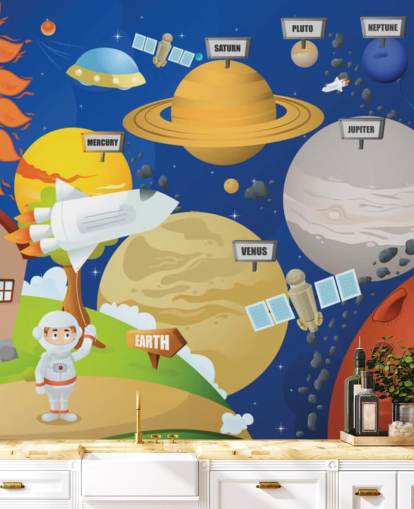 tilpasset børns solsystem vægmaleri kaldet Astronaut og Planet System til skoler og børns soveværelser tilpasset børns solsystem vægmaleri kaldet Astronaut og Planet System til skoler og børns soveværelser