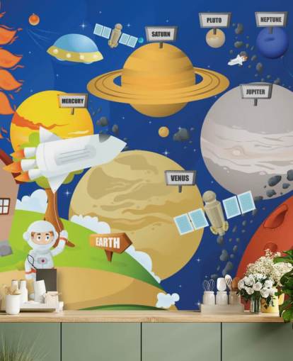 tilpasset børns solsystem vægmaleri kaldet Astronaut og Planet System til skoler og børns soveværelser