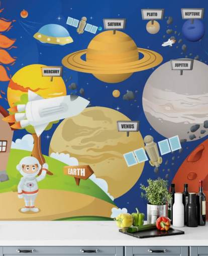 murale personalizzabile con sistema solare per bambini chiamato Astronaut and Planet System per scuole e camerette per bambini