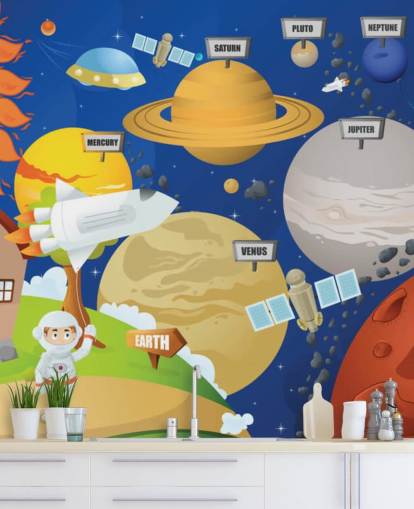 customizable kids solar system wall mural called Astronaut and Planet System for schools and kids bedrooms