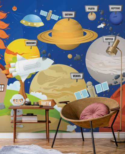 customizable kids solar system wall mural called Astronaut and Planet System for schools and kids bedrooms