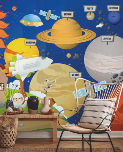 peinture murale personnalisable sur le système solaire pour enfants appelée Astronaut and Planet System pour les écoles et les chambres d'enfants peinture murale personnalisable sur le système solaire pour enfants appelée Astronaut and Planet System pour les écoles et les chambres d'enfants