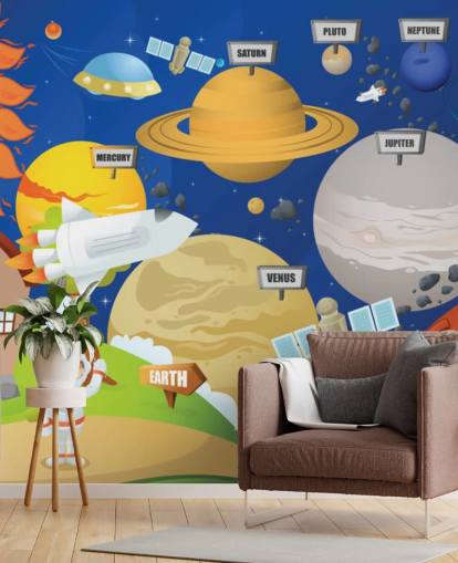 personalisierbares Sonnensystem-Wandbild für Kinder namens Astronaut and Planet System für Schulen und Kinderzimmer
