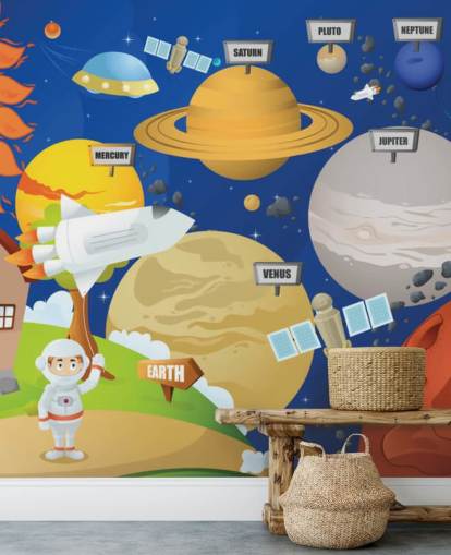 customizable kids solar system wall mural called Astronaut and Planet System for schools and kids bedrooms