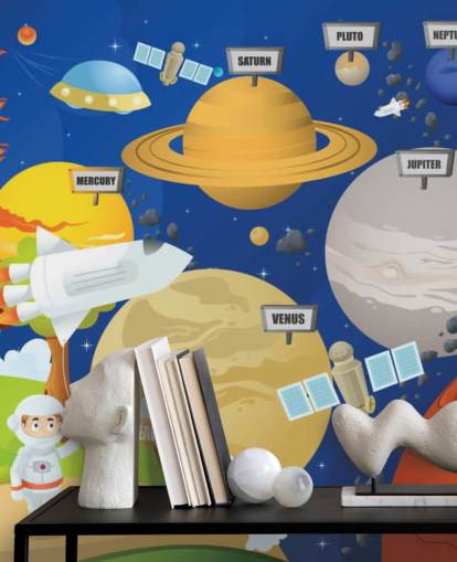 customizable kids solar system wall mural called Astronaut and Planet System for schools and kids bedrooms