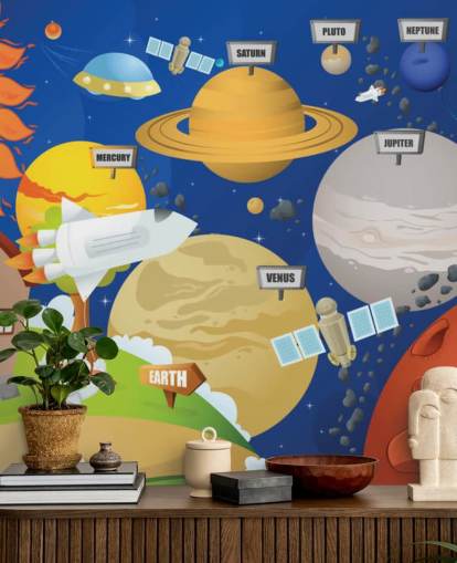 murale personalizzabile con sistema solare per bambini chiamato Astronaut and Planet System per scuole e camerette per bambini