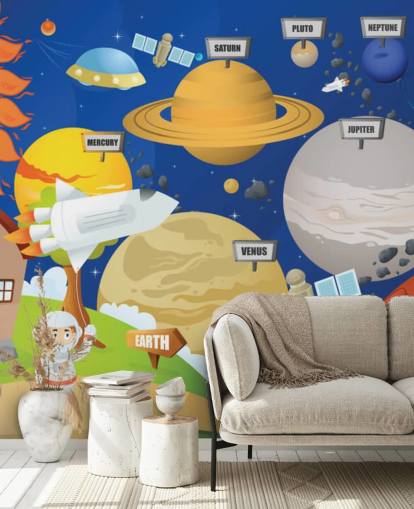 customizable kids solar system wall mural called Astronaut and Planet System for schools and kids bedrooms