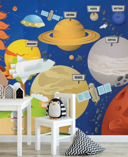 customisable kids solar system wall mural called Astronaut and Planet System for schools and kids bedrooms