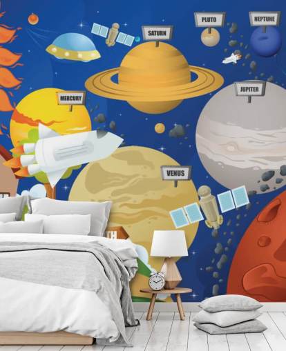 mural de pared personalizable del sistema solar para niños llamado Astronaut and Planet System para escuelas y dormitorios de niños