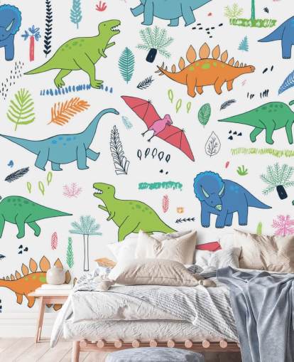 orange, blue and red dinosaur drawings wallpaper