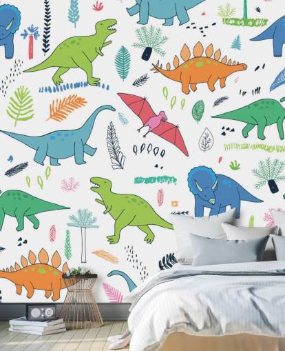 fondo de pantalla de dibujos de dinosaurios naranja, azul y rojo