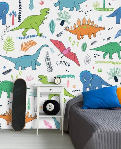 oranje, blauw en rood dinosaurustekeningen behang