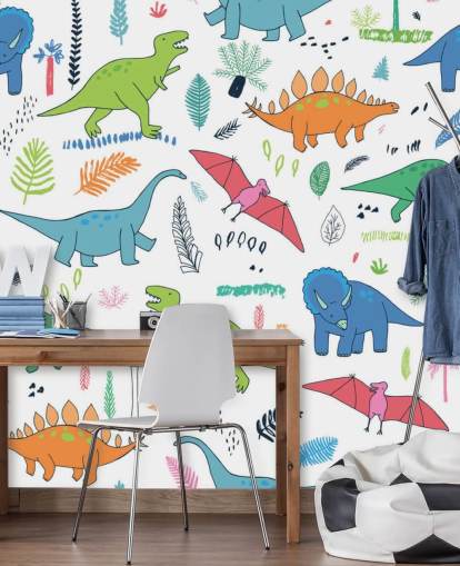 oranje, blauw en rood dinosaurustekeningen behang