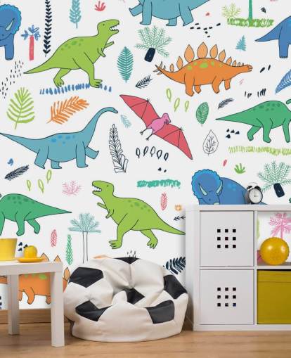 desenhos de dinossauros laranja, azul e vermelho papel de parede